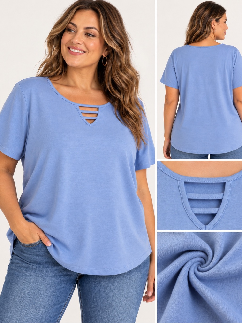 Catherine’s Suprema Blue Notch Neck Tee 1X 18/20W Plus Size
